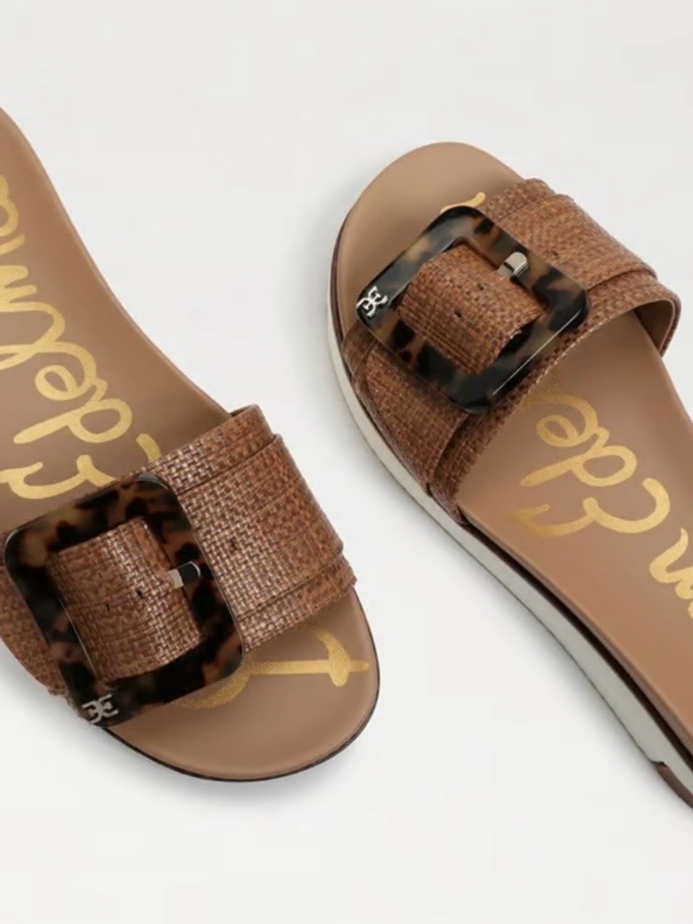 Women's Sam Edelman Brown Woven Slide Sandals with Tortoiseshell Buckle